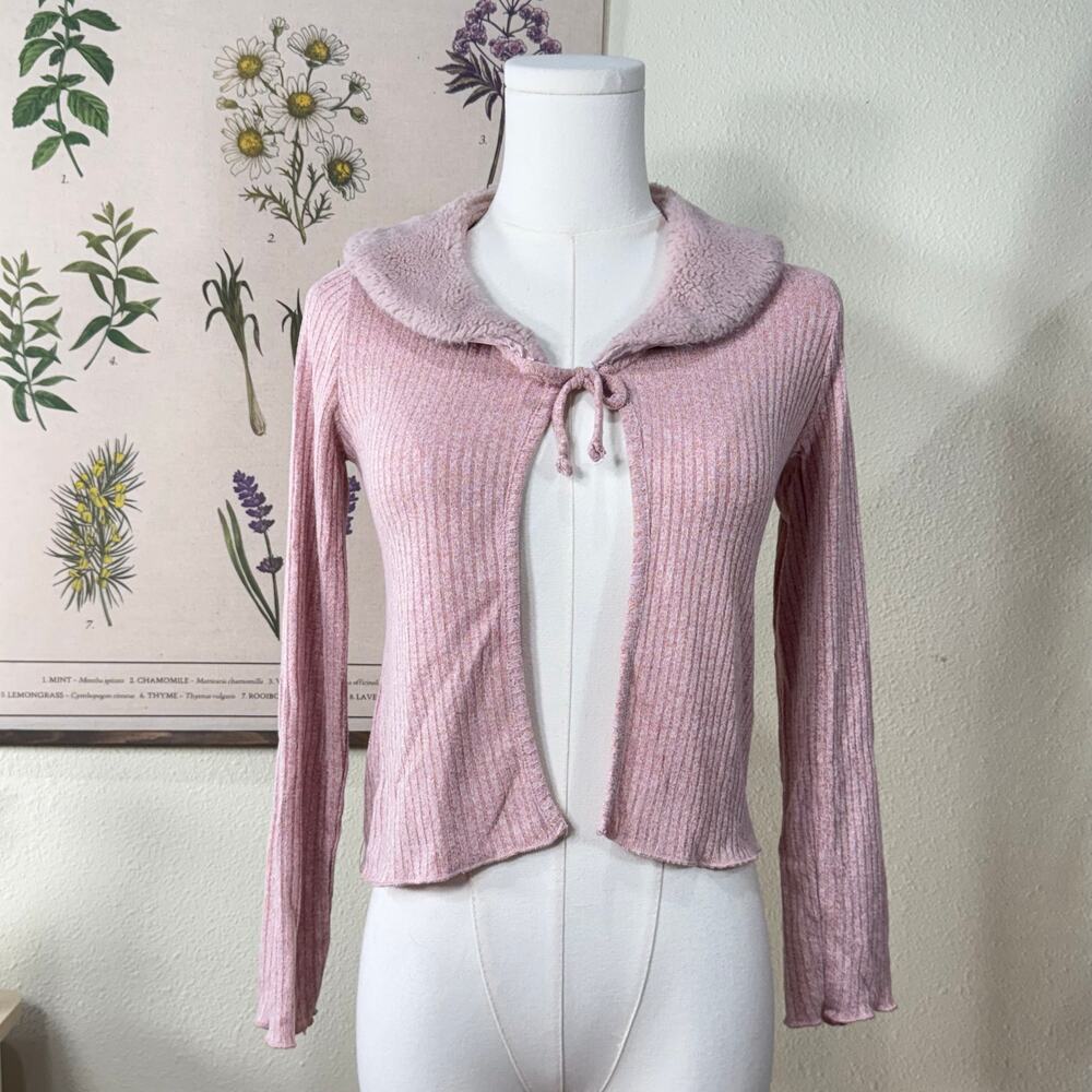 90s Y2k Pink Faux Fur Collar Ribbed Knit Cardigan Coquette Himekaji Femme XS S